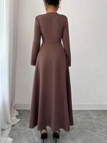 Elenzga Women's Elegant Coffee Brown Round Neck Front Zipper High-End Design Waist Fitted Flared Long Sleeve Midi Dress, Suitable For Commuting In Autumn Fall Cloth For Women - Brown - View 2