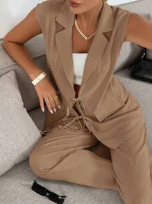 Siren Gaze 秋冬女士纹理系带背心和裤子休闲套装两件套 - 卡其色 - 查看 3