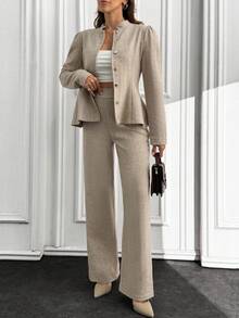 EURMUSE 2PCS, Herringbone Color, Slim Jacket & Straight Fit Pants - Beige - View 3