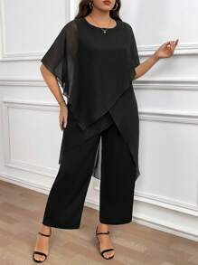 Reflora Plus Size Elegant Commuter Solid Color Asymmetric Hem Top And Pants 2 Pieces Set,Fall Clothes For Women - Black - View 8