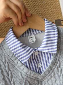 SHEIN 男婴保暖加厚长袖衬衫+灰色针织背心+牛仔裤两件套，舒适休闲百搭，适合室内、室外、日常穿着、运动、玩耍、派对、拍照、度假、返校、街头风、慢跑、运动服、万圣节、春夏秋冬等各种场合。 - 藍色 - 查看 6