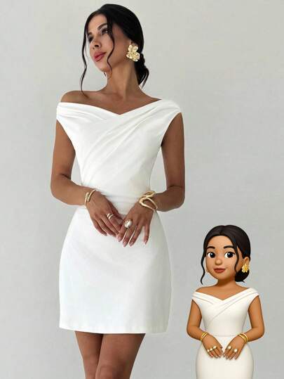 Firerie Vestido mini blanco asimétrico con volantes en el cuello, línea A, elegante, sencillo, elegante, sexy, para uso diario, festivales de música y vacaciones, para primavera/verano