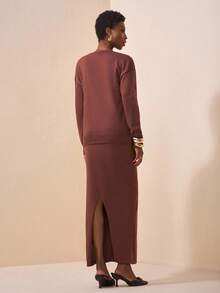 Zivah Women's Coffee Brown Autumn Elegant Brunch Two Pieces Set,Loose Long Sleeve Cardigan Sweater Jacket & Vest Slim Long Dress,Casual Commuter Knitwear - Brown - View 2