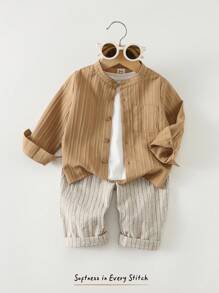 Cozy Pixies 2pcs Baby Boy Crew Neck Long Sleeve Cardigan Top And Elastic Waist Striped Pants Set Fall Winter - Multicolor - View 3