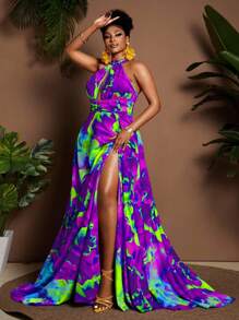 Maweii Váy maxi hở lưng in họa tiết nhuộm loang dành cho nữ cỡ lớn - Nhiều màu - Xem 1