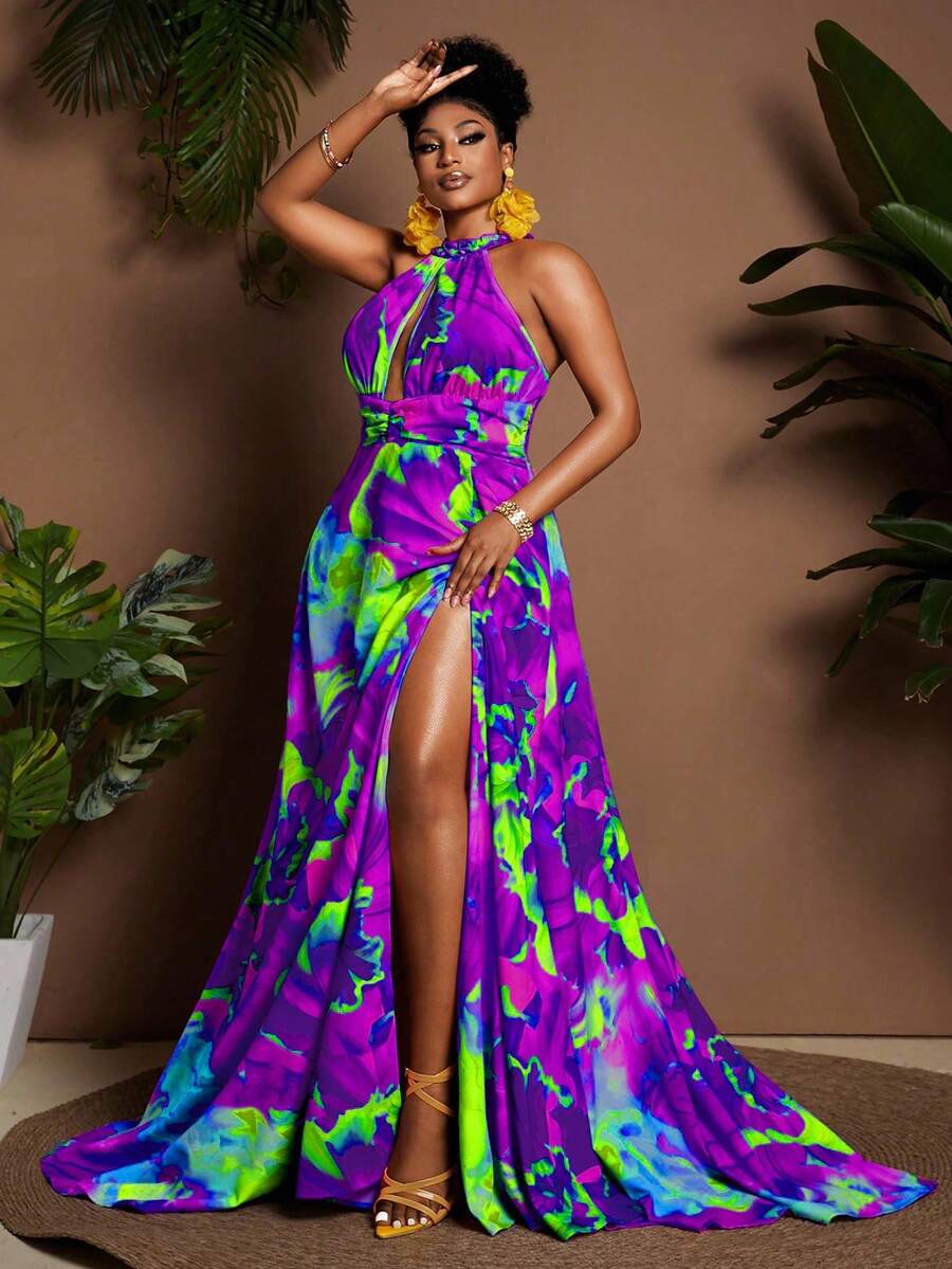 Maweii Váy maxi hở lưng in họa tiết nhuộm loang dành cho nữ cỡ lớn - Nhiều màu - Xem 1