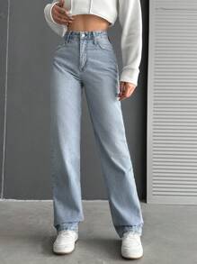 EURMUSE 100%Cotton High Waist Straight Leg Jeans - Blue - View 6