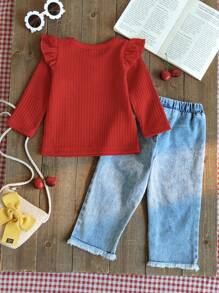 SHEIN Vintaside Kids 女宝宝两件套：樱桃刺绣牛仔裤+红色荷叶边长袖针织毛衣，甜美田园风穿搭，日常休闲装，可爱又时尚，适合外出、聚会、派对 - 紅色 - 查看 2