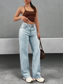 SHEIN Cottnline High Waist Straight Leg Woman Denim Jean Women's Outfits Work Outfits For Women Women's Women's Set Women's Clothes Women Summer Clothing Women's Bottoms Women's Summer Clothes - Light Wash - View 4