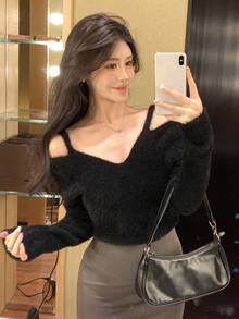 DAZY 女士露肩韩版优雅长袖毛衣，秋冬 - 黑色 - 查看 4