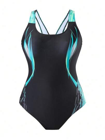 Swim SPRTY Plus Size Women Localized Print One-Piece Fashionable One Piece Swimsuit Style Swimsuit, Beach Vacation Leisure For Summer