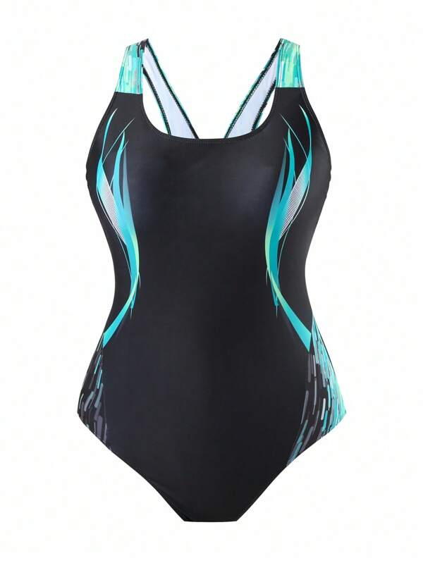 Swim SPRTY Traje de baño de una pieza de estilo de moda con estampado localizado para mujer de talla grande, para vacaciones en la playa y tiempo libre