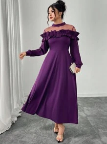 Modelyn Plus Size Women Elegant Waist Cinched Mesh Patchwork Ruffle Hem Dress Fall Cloth For Women - Purple - View 3