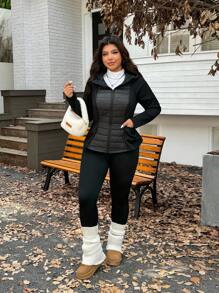 SHEIN CURVE+ Áo khoác nữ cỡ lớn có khóa kéo, ấm áp cho mùa thu/đông, mùa thu, trở lại trường, vải chần bông, ấm áp - màu đen - Xem 3