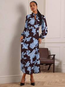 Lilora Women's Elegant Floral Print Long Dress, Suitable For Commuting Autumn Clothes For Women Elegant And Dignified Officework,Events,Daily,Vacation Officework,Events,Daily,Vacation Tea Party Floral Brown - Multicolor - View 7