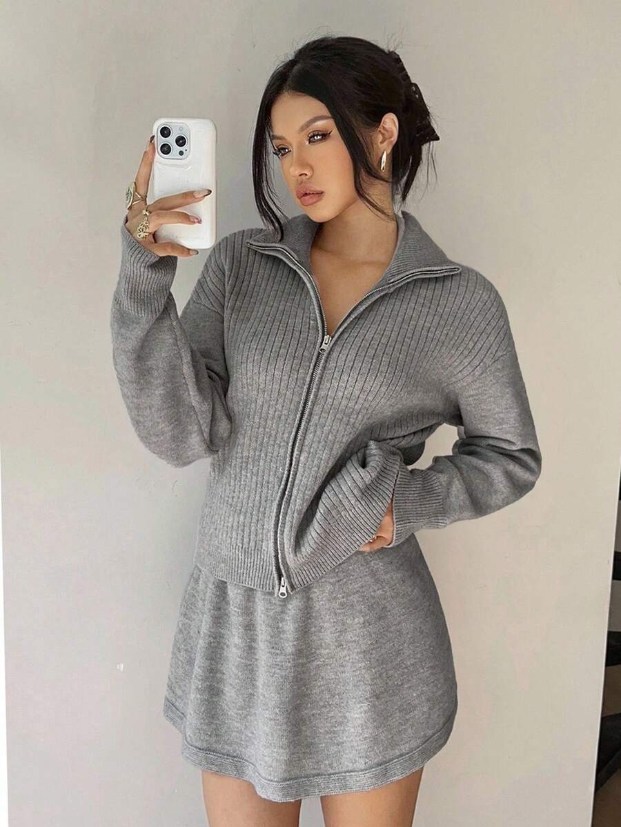 Siren Gaze Conjunto casual de 2 piezas de mujer con cárdigan de manga larga con hombros caídos y cremallera frontal, y falda midi de punto para otoño e invierno