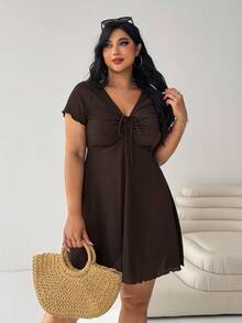 Solflare Plus Size Black Textured Knit Dress, Spring/Fall,Fall Clothes For Women Ruched A-Line Curvy Casual Clothing Curve - Chocolate Brown - View 5