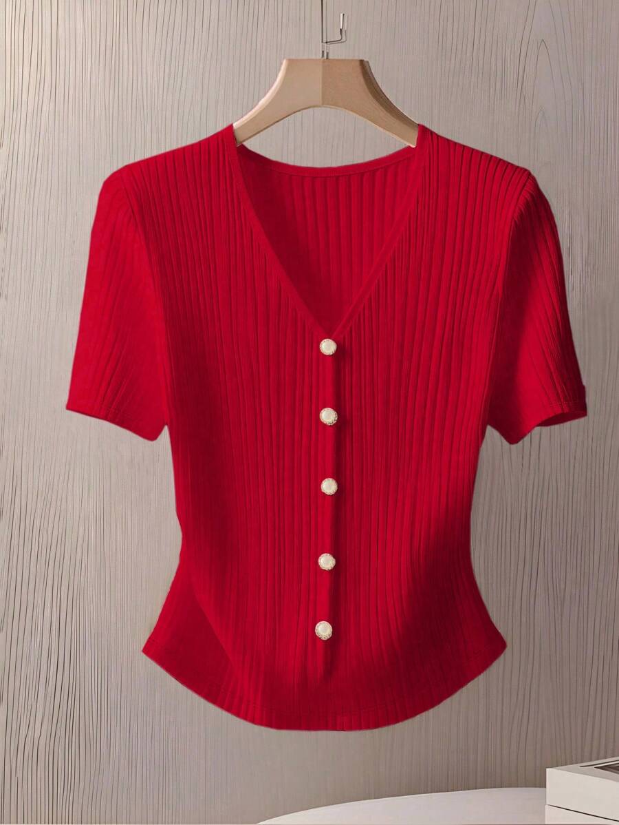 GlowEve Women's Elegant Commuter Solid Color Front Button Short Sleeve T-Shirt, Summer - Red - View 1