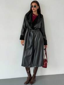Aloruh Veste de mode régulière en PU à manches longues avec col  patchwork pour l'automne/l'hiver pour femmes - Noir - Voir 1