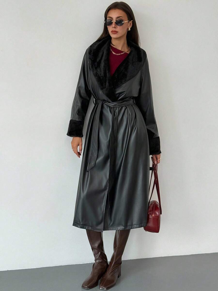 Aloruh Veste de mode régulière en PU à manches longues avec col  patchwork pour l'automne/l'hiver pour femmes - Noir - Voir 1