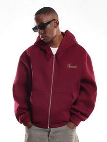 SUMWON Full Zip Hoodie With Embroidered Logo And Pockets - Burgundy - View 1