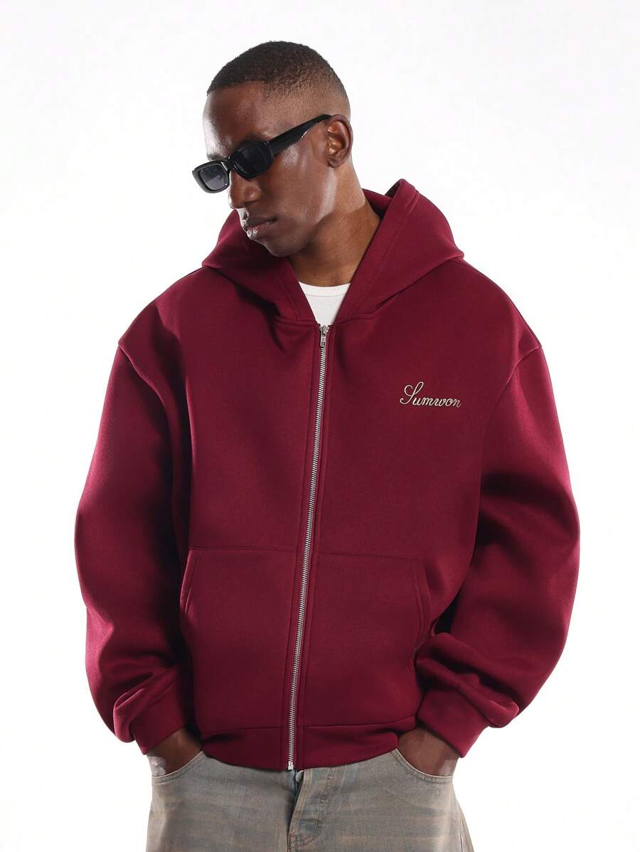 SUMWON Full Zip Hoodie With Embroidered Logo And Pockets - Burgundy - View 1
