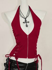 SHEIN ICON 夏季 Y2K V 领外出演唱会女士演唱会黑色哥特性感索环纯色时尚侧交叉带露背背心，夏季 - 酒紅色 - 查看 5