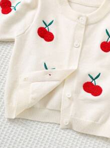 Cozy Pixies 2pcs Baby Girl Cherry Pattern Knitted Round Neck Long Sleeve Cardigan Top And Elastic Waist Skirt Set - Red - View 4