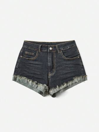 Grunge Punk Shorts vaqueros de tiro bajo con lavado retro y alta elasticidad, elegantes y versátiles, talla grande