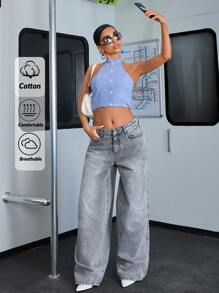 EURMUSE Casual Vintage Washed Low Waist Wide Leg Jeans - Light Grey - View 1