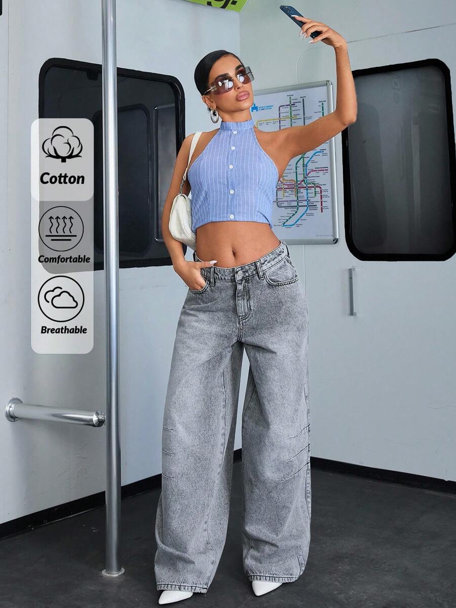 EURMUSE Casual Vintage Washed Low Waist Wide Leg Jeans - Light Grey - View 1