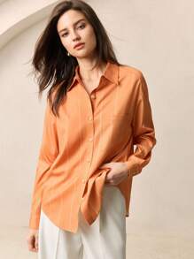 BizChic Áo cánh satin sang trọng dài tay hở ve cam phía trước dành cho nữ, trang phục công sở đơn giản, thanh lịch, tối giản, thích hợp mặc đi làm, đồng phục giáo viên, khách dự tiệc cưới, hòa nhạc - Nhiều màu - Xem 4