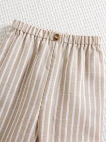 SHEIN 2 件套男婴休闲学院风灰色中式立领衬衫和条纹松紧腰裤套装，适合生日派对、晚会、表演、婚礼、迎婴派对、1 岁生日庆祝