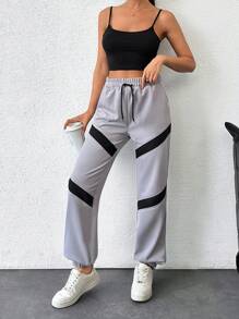 EURMUSE Women's Solid Black Stripe Detailed Drawstring Sweatpants - Grey - View 4