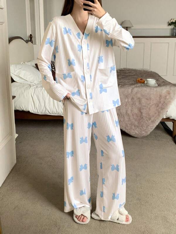 Teen Girls Spring And Autumn Striped Textured Cute Bow Pattern Print Cardigan Pajamas Set,Home And Leisure Fall Winter