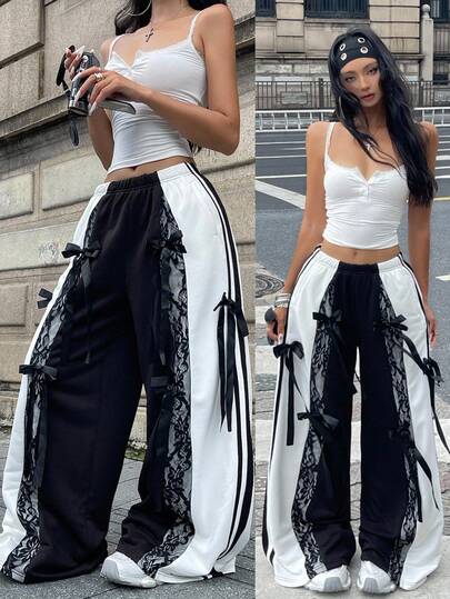 Coolane Women's Fall Concert Rave Festival Going Out Renaissance Fair Y2K Vintage Streetwear Bow Contrast Lace Black Wide Leg Sweatpants Y2k Pants Lace Up Pants