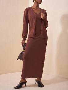 Zivah Women's Coffee Brown Autumn Elegant Brunch Two Pieces Set,Loose Long Sleeve Cardigan Sweater Jacket & Vest Slim Long Dress,Casual Commuter Knitwear - Brown - View 5