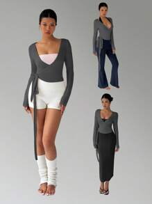 FavEase 粉色瑜伽健身运动高弹柔软裹身 V 领系腰长袖短款紧身 T 恤，时尚简约休闲优雅百搭女士春秋季必备衣橱 - 深灰色 - 查看 7