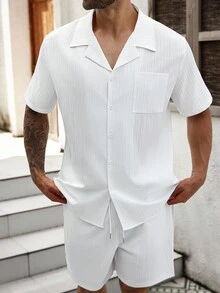 ResortEase Plus Size Men's Casual Solid Color Shirt And Shorts Set, Summer