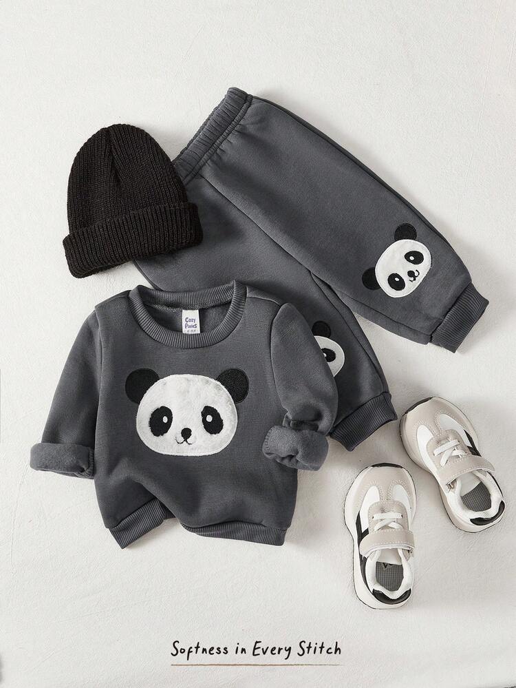 Cozy Pixies 2 件装男婴卡通熊猫针织柔软圆领长袖运动衫和弹性袖口裤子套装 - 灰色 - 查看 3
