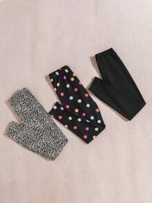 SHEIN Conjunto de 3 piezas de leggings estampados con leopardo y flores para niñas preadolescentes, negros y con estilo - Multicolor - Ver 2