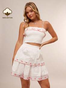 WESTFADE Gonna mini a-line con vita arricciata, fiocco, ricamo e volant a balze, stile country western, adatta per concerti a Nashville, brunch, vacanze al mare in stile boho - Bianco - Visualizzare 1