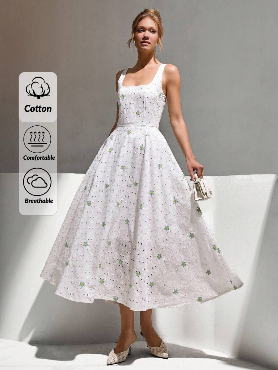 CLARA VERO 女士纯色孔眼刺绣长裙 - 白色 - 查看 1