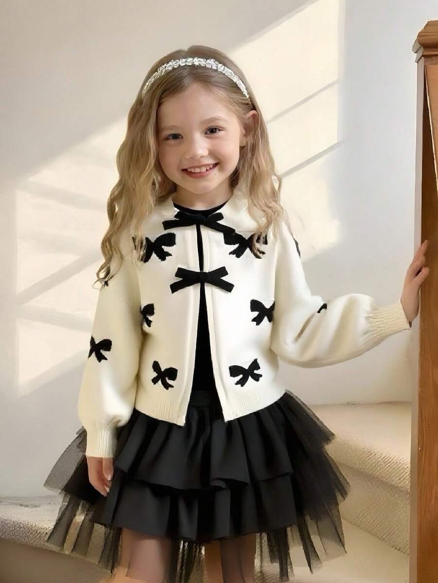 Elladie kids 年轻女孩开衫百搭女孩秋冬新款针织长袖开衫毛衣,提花蝴蝶结图案,3D蝴蝶结装饰,宽松柔软针织外套适合日常穿着和节日场合 - 杏色 - 查看 1
