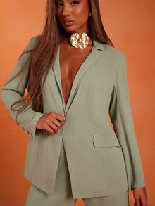 NYA SZN 上衣长袖纽扣领西装外套深 V 领多口袋早午餐特殊场合婚礼宾客新娘派对度假春夏亚麻女装 - 綠色 - 查看 6