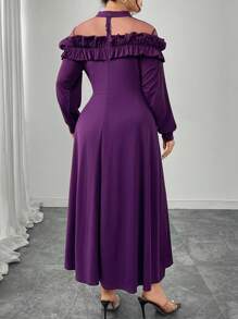 Modelyn Plus Size Women Elegant Waist Cinched Mesh Patchwork Ruffle Hem Dress Fall Cloth For Women - Purple - View 2