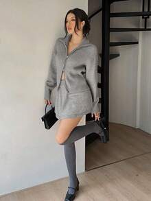 Siren Gaze Conjunto casual de 2 piezas de mujer con cárdigan de manga larga con hombros caídos y cremallera frontal, y falda midi de punto para otoño e invierno