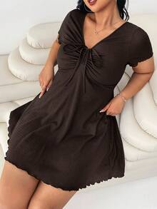Solflare Plus Size Black Textured Knit Dress, Spring/Fall,Fall Clothes For Women Ruched A-Line Curvy Casual Clothing Curve - Chocolate Brown - View 7