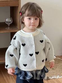 DAZY Baby Girls' Round Neck All-Over Heart Print Cute Long Sleeve Cardigan Fall/Winter - White - View 6