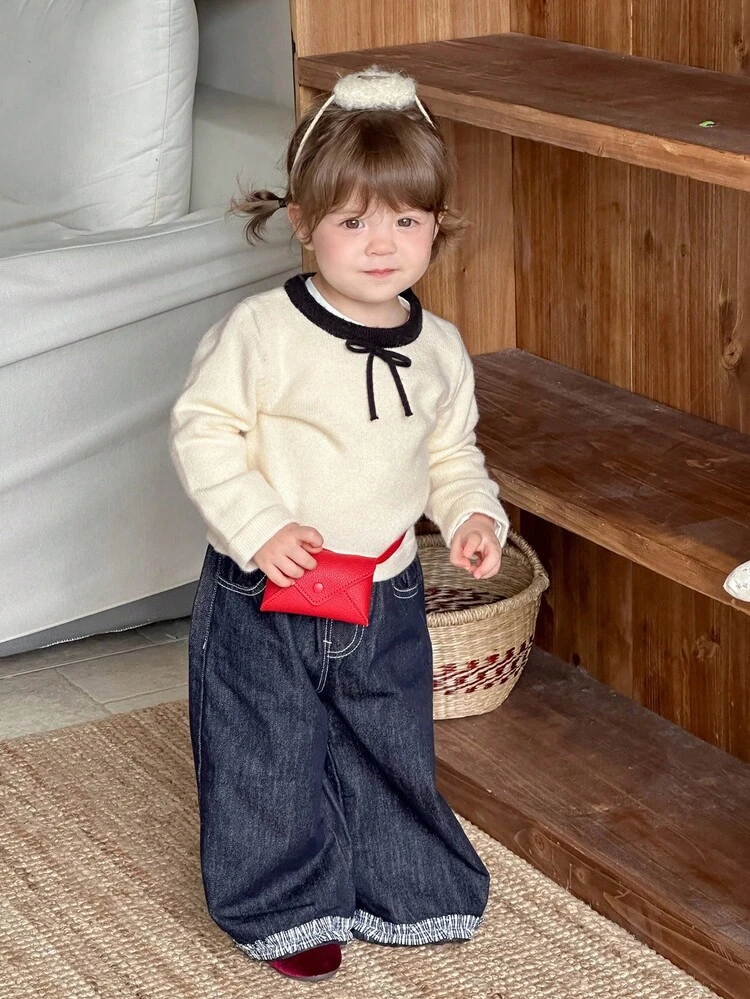 Baby Girls' Round Neck Bowknot Long Sleeve Sweater, Korean Style Fall, Winter Clothes
